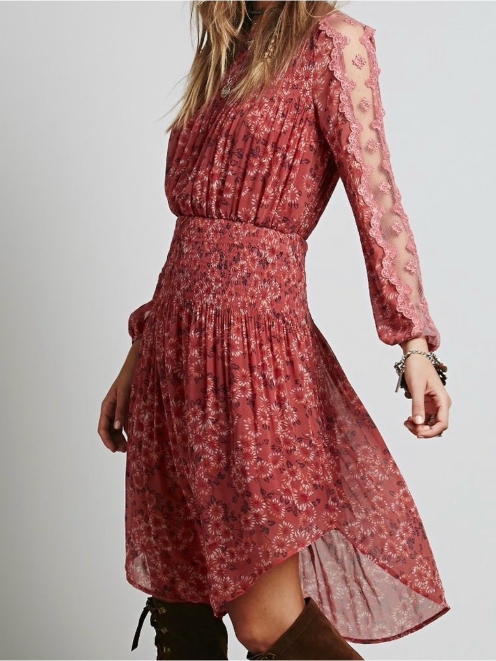 Free People Rust Floral High-Low Smocked Dress Sz Medium
